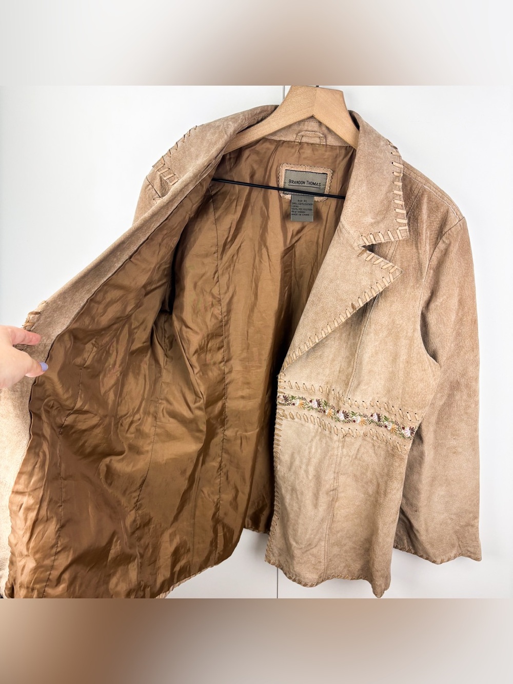 Vintage Western Whipstitch Floral Embroidered Suede Leather Jacket Coat Tan XL - Picture 6 of 9